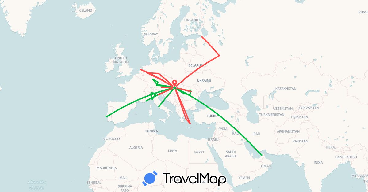 TravelMap itinerary: driving, bus, hiking in United Arab Emirates, Austria, Germany, France, Greece, Hungary, Italy, Netherlands, Portugal, Romania, Russia (Asia, Europe)